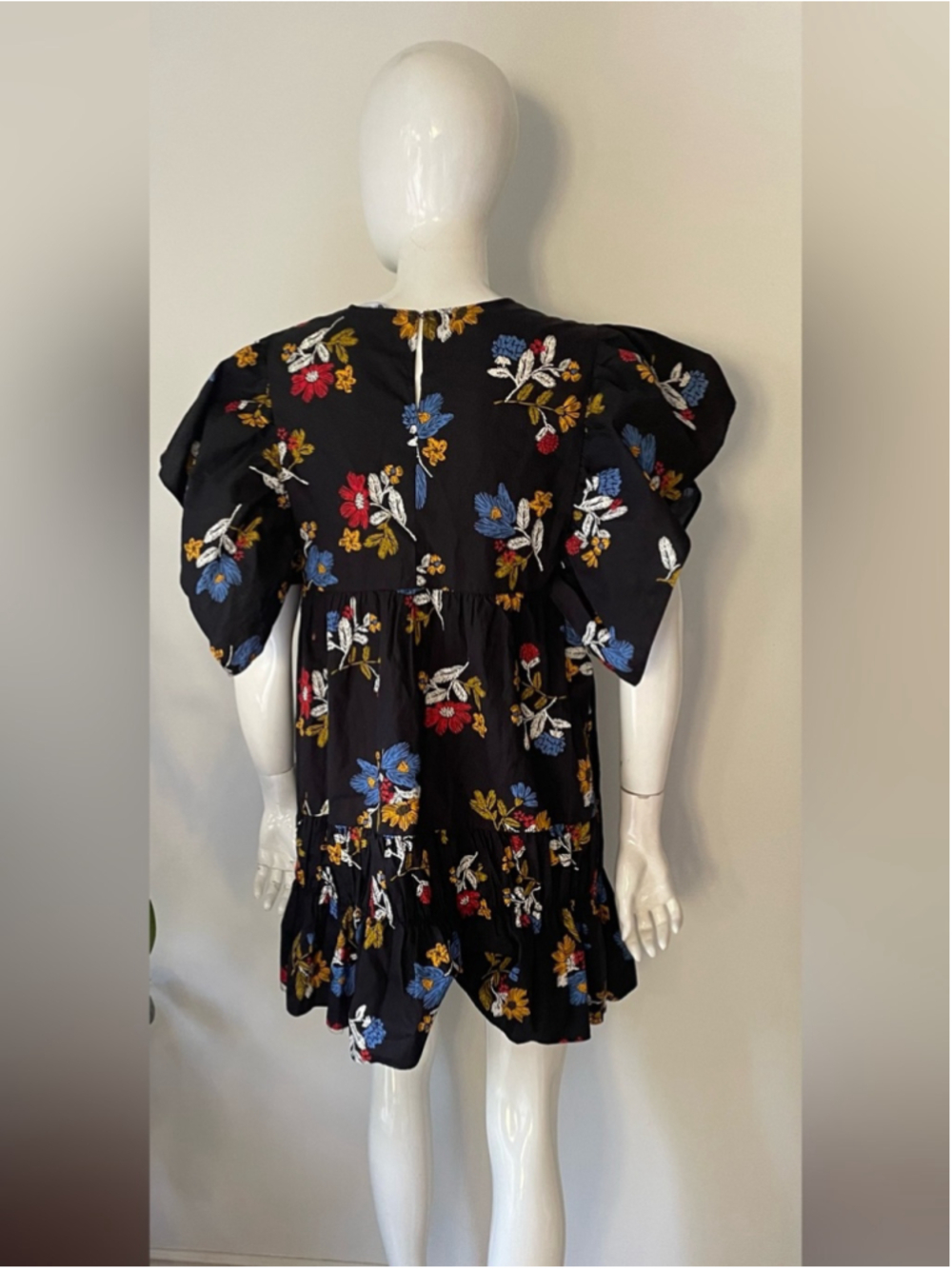 ZARA Floral Ruffle Sleeve Mini Dress | Size S Black Cotton Blend Babydoll Dress - Picture 3 of 10